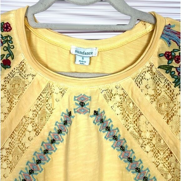 Sundance Yellow Floral Embroidered Lace Peasant Blouse Top T-Shirt Relaxed S - Picture 5 of 10